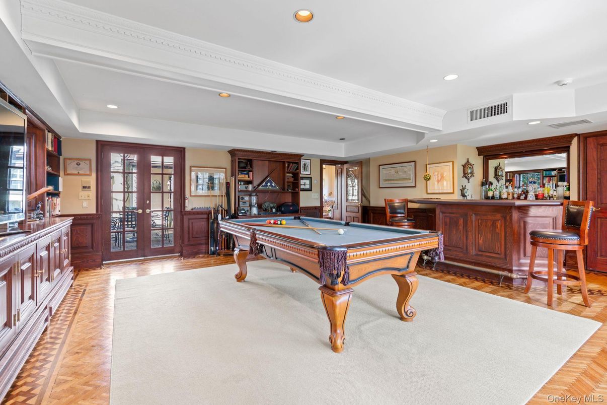 Billiard Table, Game Room, Interior, Recessed Lighting, Wood Texture Flooring