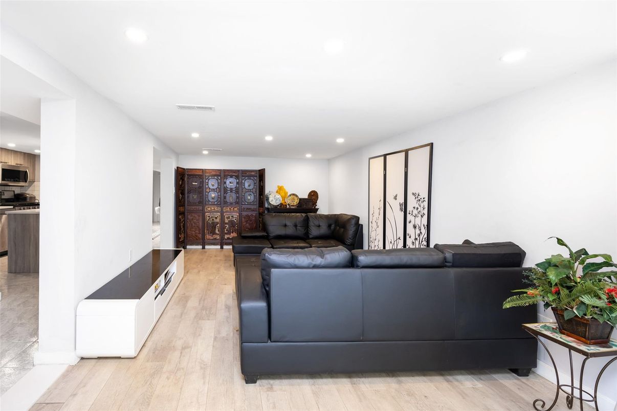 Interior, Kitchen, Living room, Recessed Lighting, Stainless Steel Appliances, Wood Texture Flooring