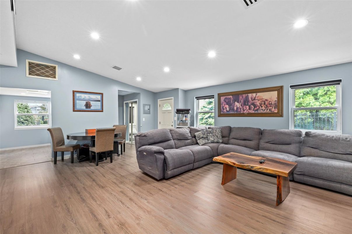 Dining room, Interior, Living room, Recessed Lighting, Wood Texture Flooring