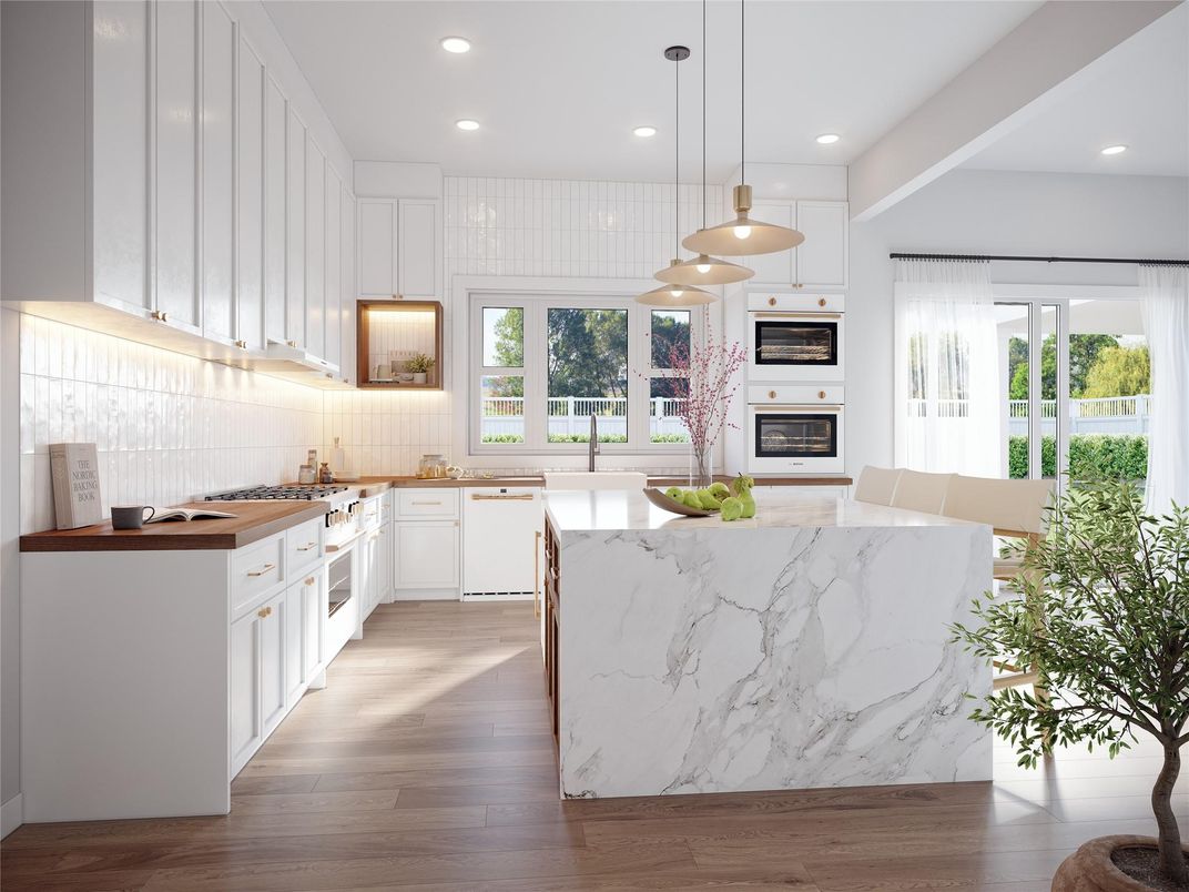 Dining room, Fireplace, Interior, Kitchen, Pendant Lights, Recessed Lighting, Wood Texture Flooring