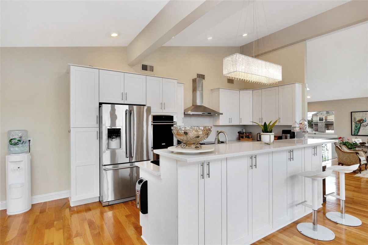 Chandelier, Interior, Kitchen, Recessed Lighting, Stainless Steel Appliances, Wood Texture Flooring
