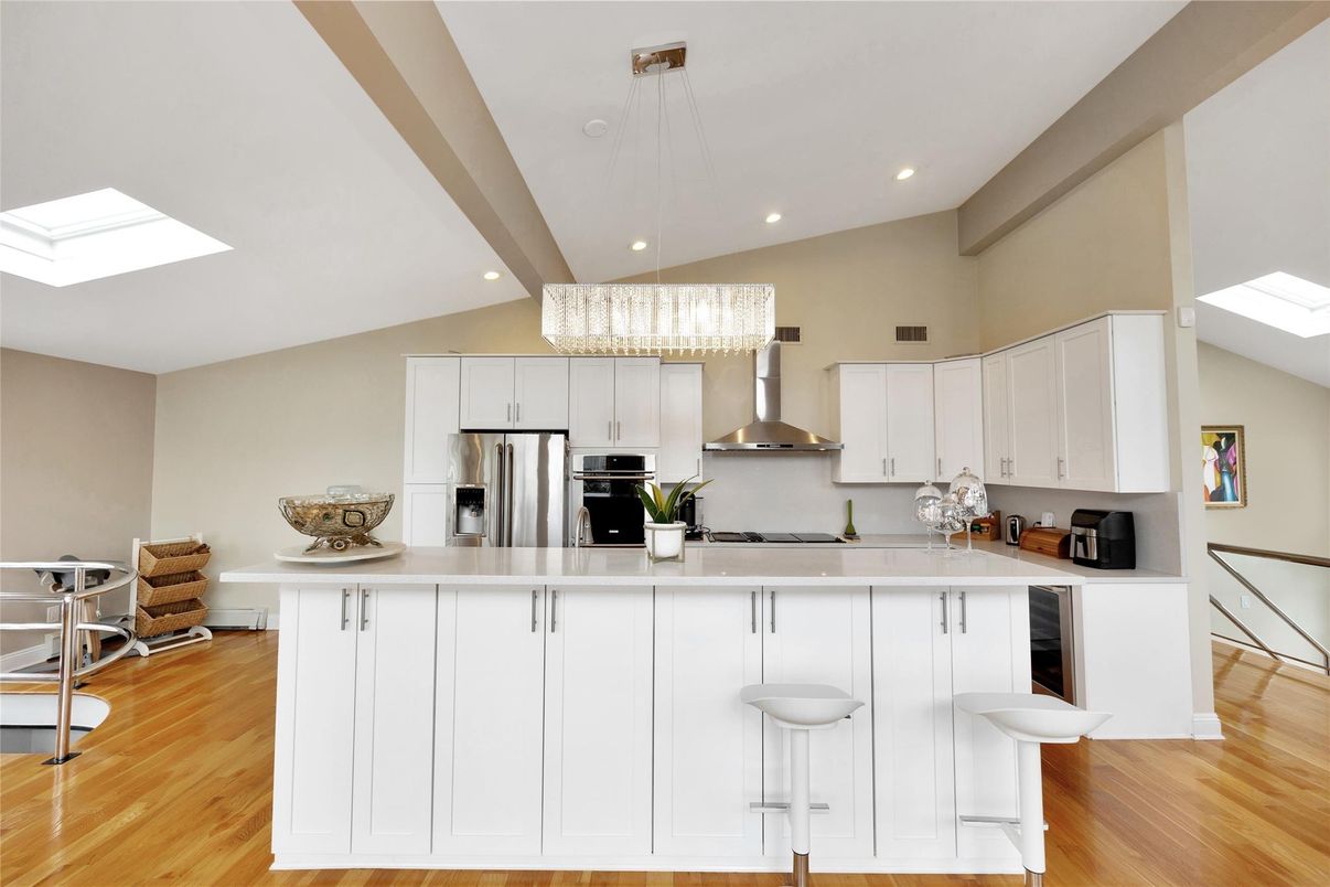 Chandelier, Interior, Kitchen, Recessed Lighting, Stainless Steel Appliances, Wood Texture Flooring