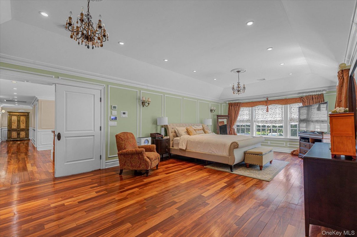 Bedroom, Chandelier, Interior, Recessed Lighting, Wood Texture Flooring