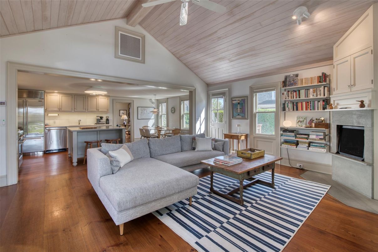 Dining room, Fireplace, Interior, Kitchen, Living room, Stainless Steel Appliances, Wooden Ceilings, Wood Texture Flooring