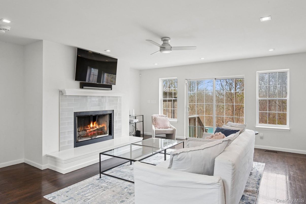 Fireplace, Interior, Living room, Recessed Lighting, Wood Texture Flooring