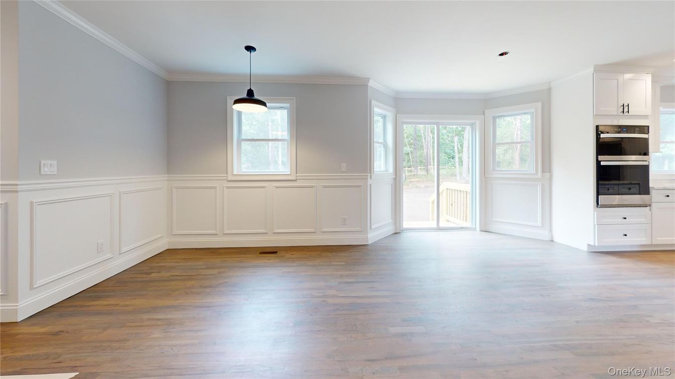 Empty room, Interior, Kitchen, Pendant Lights, Recessed Lighting, Wood Texture Flooring