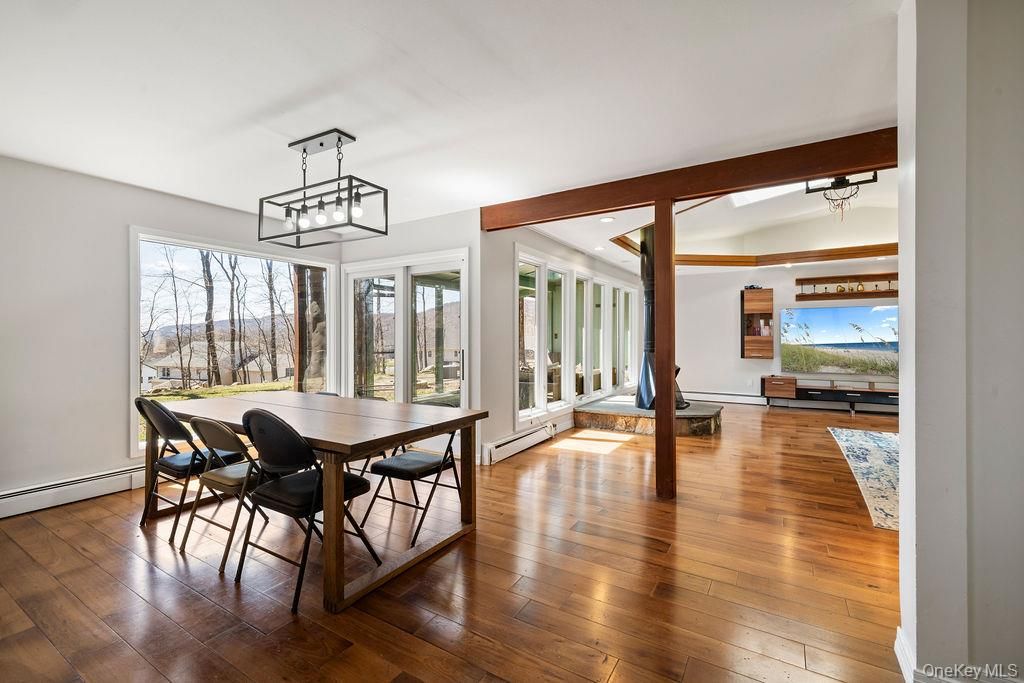 Dining room, Interior, Pendant Lights, Recessed Lighting, Wooden Beams, Wood Texture Flooring