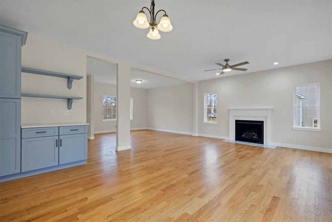 Empty room, Fireplace, Interior, Recessed Lighting, Wood Texture Flooring