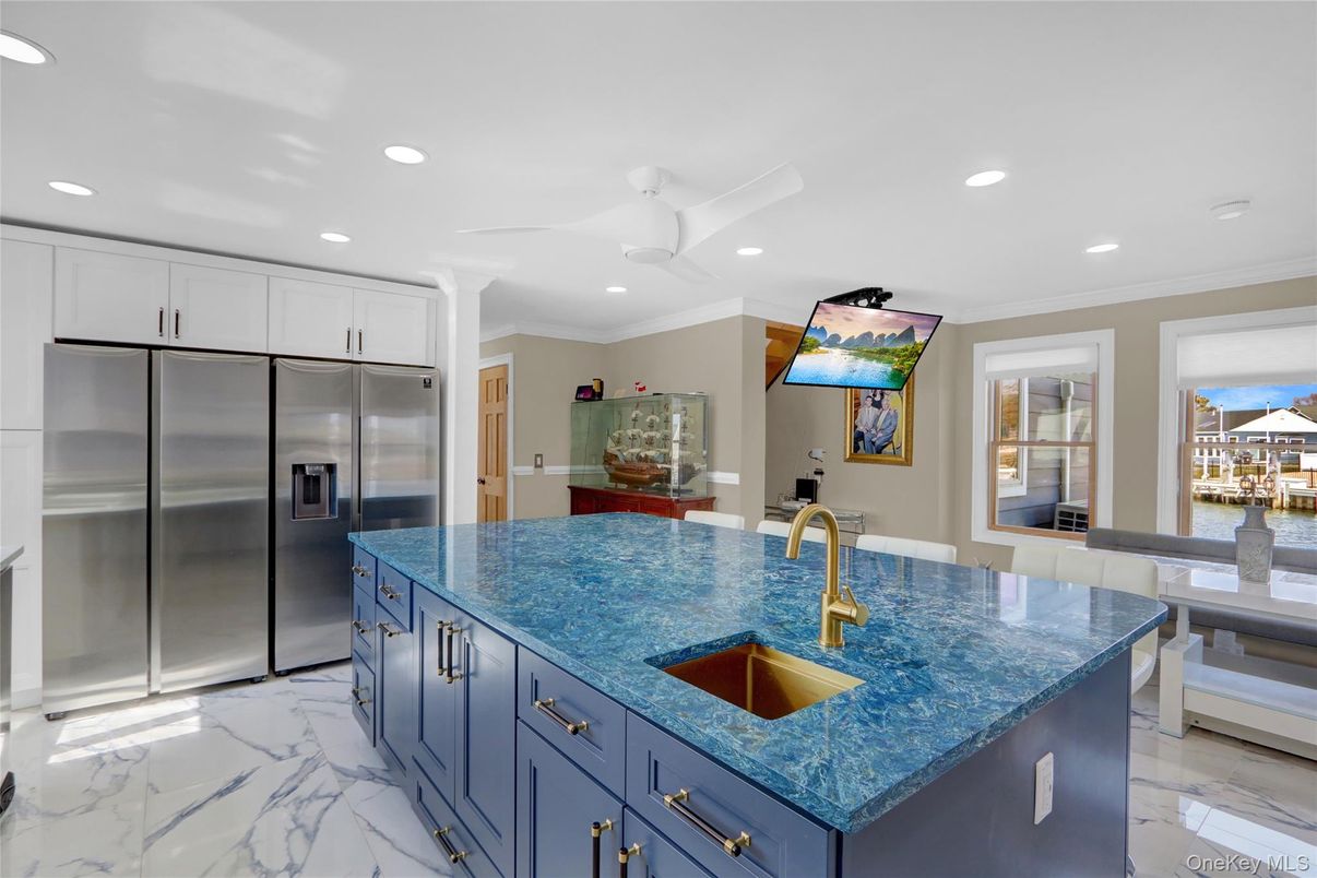 Interior, Kitchen, Marble, Recessed Lighting, Stainless Steel Appliances, Water