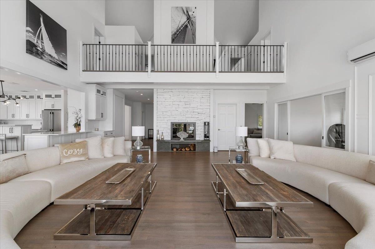 Fireplace, Interior, Kitchen, Living room, Pendant Lights, Recessed Lighting, Stone Walls, Wood Texture Flooring
