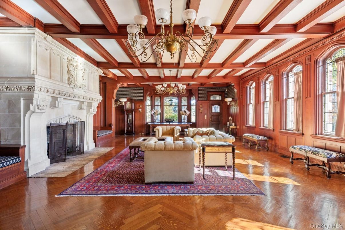 Chandelier, Fireplace, Interior, Living room, Wooden Beams, Wood Texture Flooring, Wooden Walls