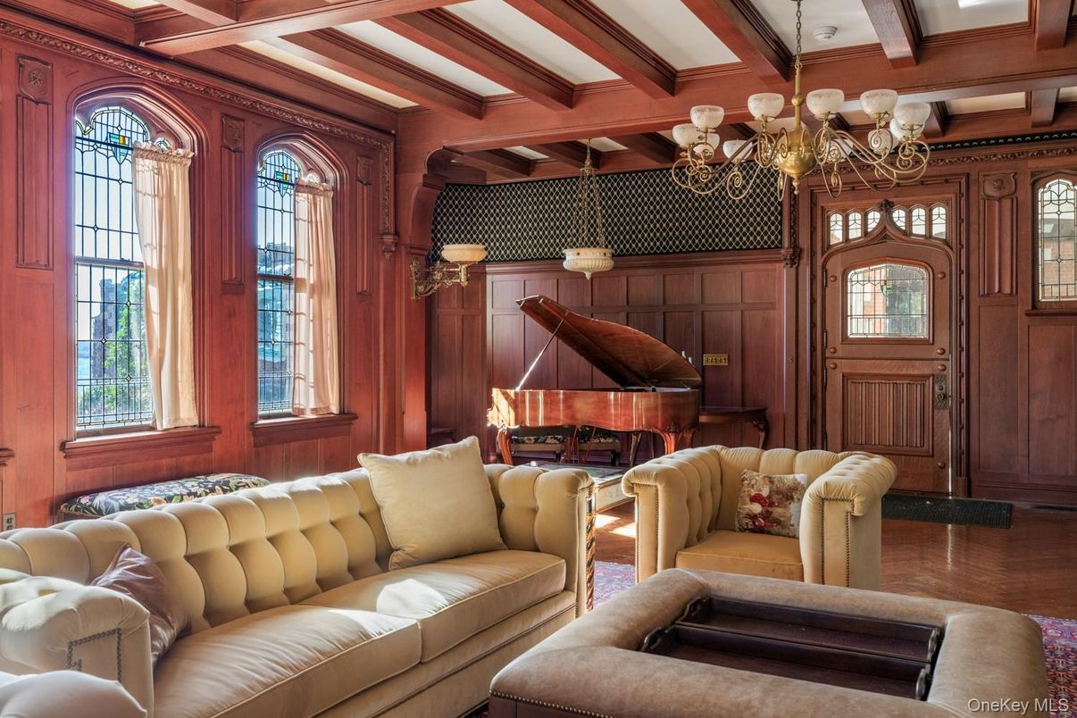 Chandelier, Interior, Living room, Piano, Wooden Beams, Wood Texture Flooring, Wooden Walls