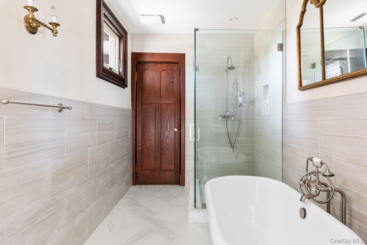 Bathroom, Free Standing Baths, Glass Shower, Interior, Marble, Recessed Lighting