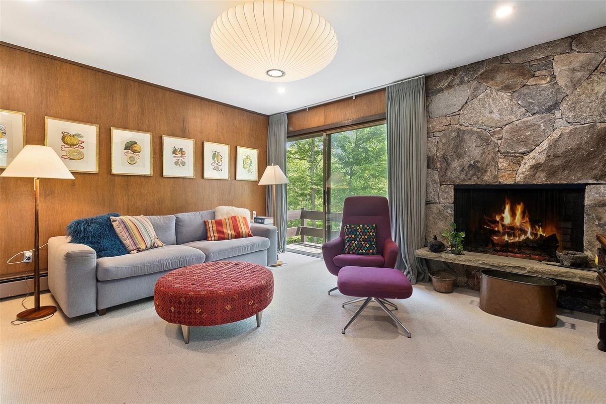 Fireplace, Interior, Living room, Recessed Lighting, Stone Walls, Wooden Walls