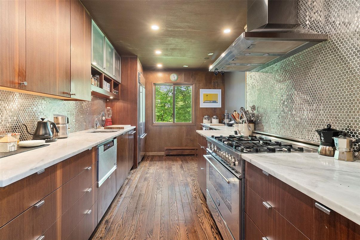 Interior, Kitchen, Recessed Lighting, Stainless Steel Appliances, Wood Texture Flooring