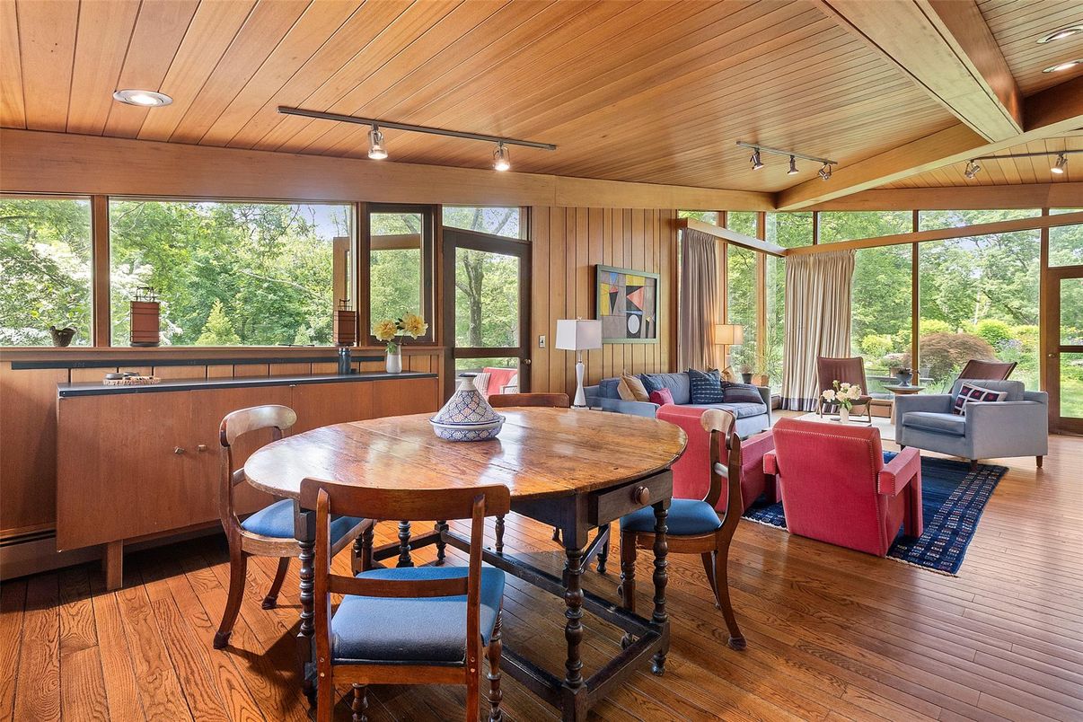 Dining room, Interior, Living room, Recessed Lighting, Wooden Ceilings, Wood Texture Flooring