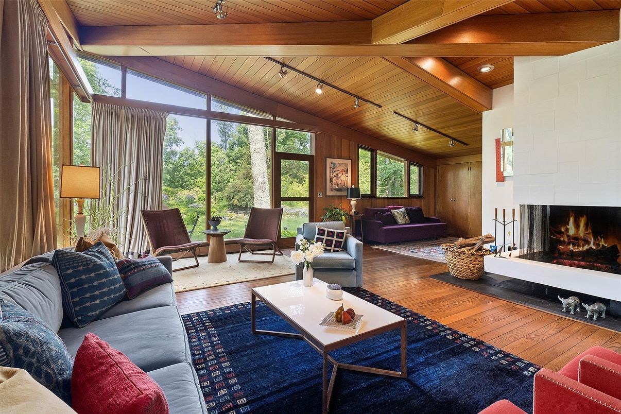 Fireplace, Interior, Living room, Recessed Lighting, Wooden Beams, Wooden Ceilings, Wood Texture Flooring