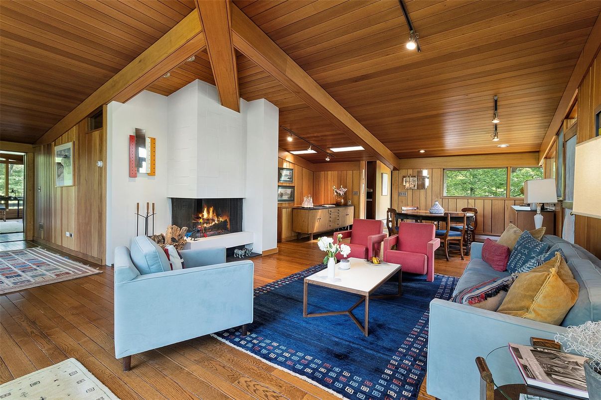 Dining room, Fireplace, Interior, Kitchen, Living room, Recessed Lighting, Wooden Beams, Wooden Ceilings, Wood Texture Flooring