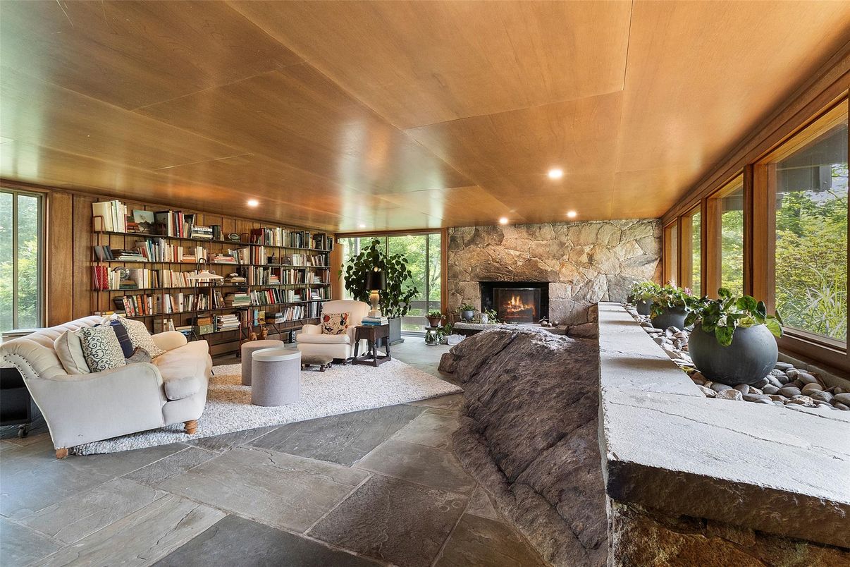 Fireplace, Interior, Living room, Recessed Lighting, Stone Walls, Wooden Ceilings