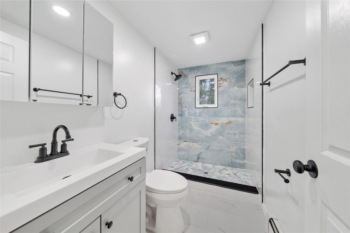 Bathroom, Glass Shower, Interior, Marble, Marble Walls, Recessed Lighting