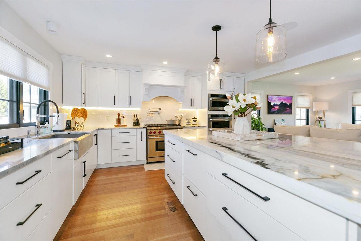Interior, Kitchen, Pendant Lights, Recessed Lighting, Stainless Steel Appliances, Wood Texture Flooring