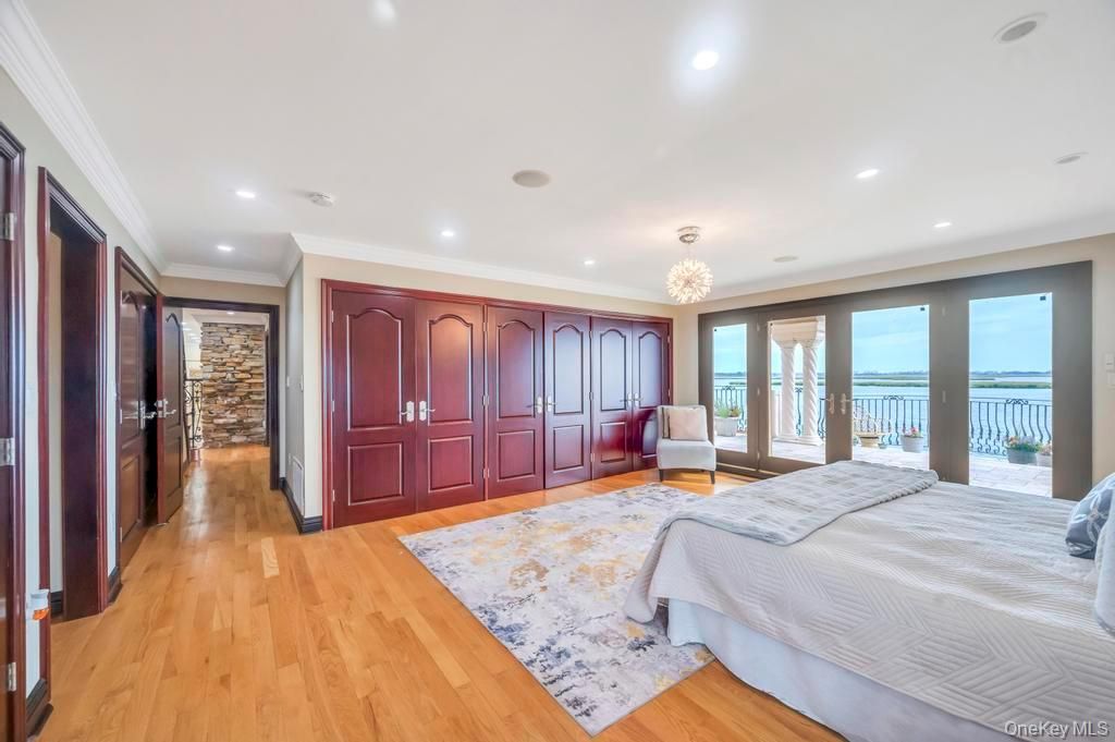Bedroom, Chandelier, Interior, Recessed Lighting, Water, Wood Texture Flooring