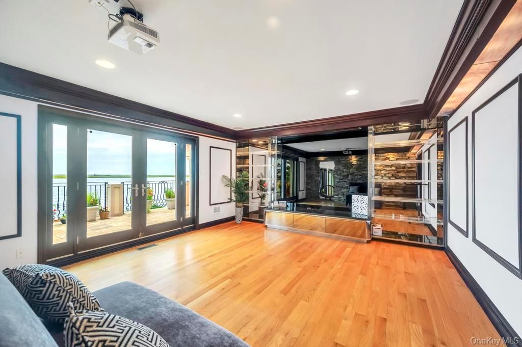 Fireplace, Interior, Recessed Lighting, Water, Wood Texture Flooring