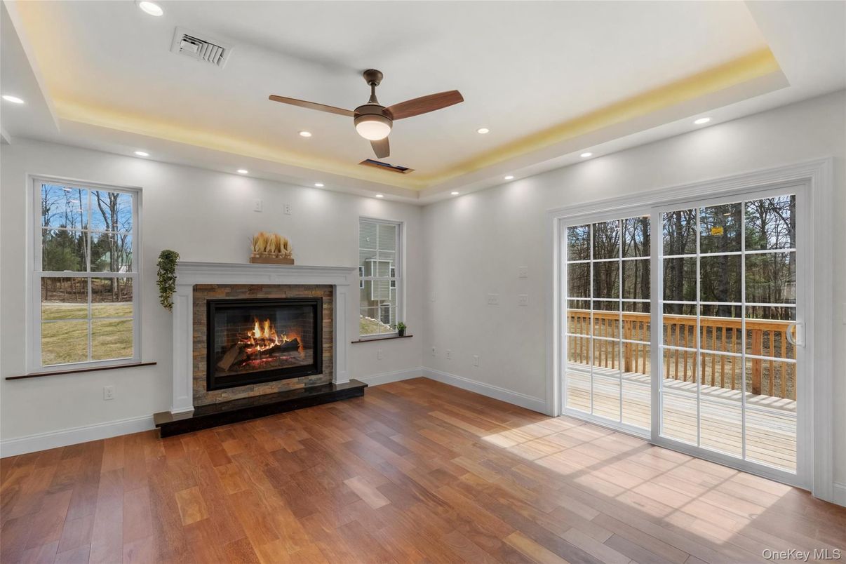 Empty room, Fireplace, Interior, Recessed Lighting, Wood Texture Flooring