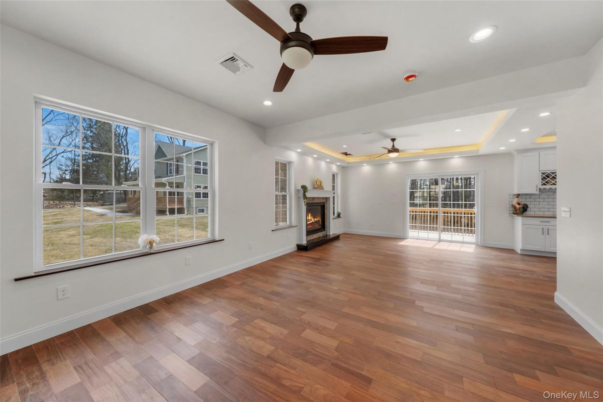 Empty room, Fireplace, Interior, Recessed Lighting, Wood Texture Flooring