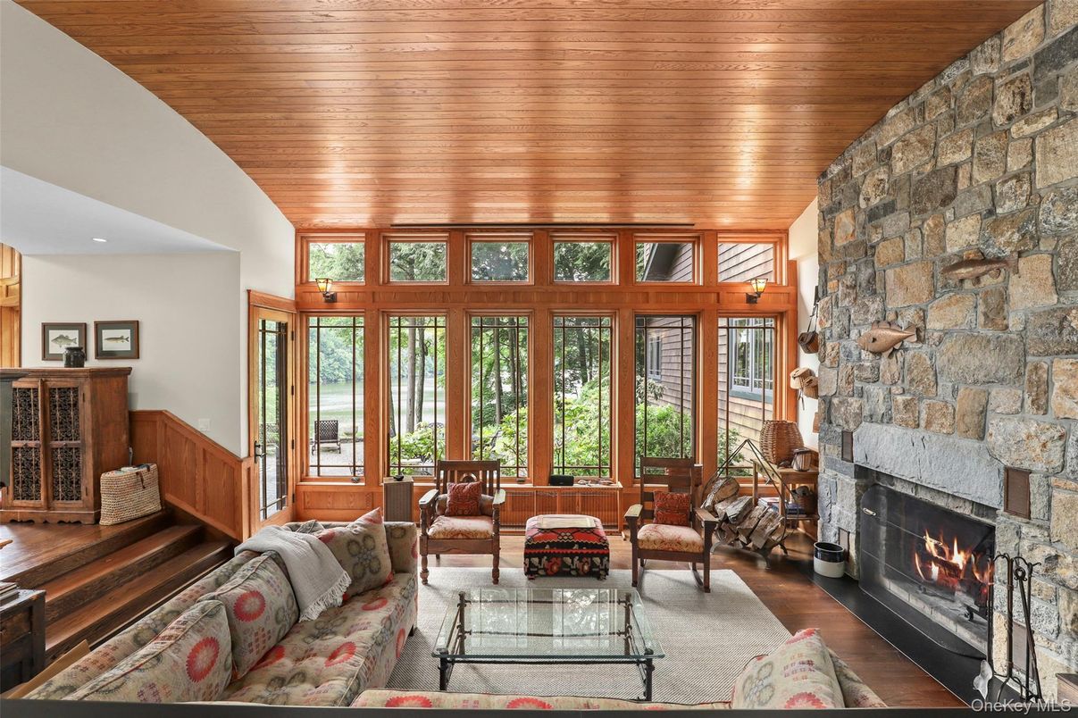 Fireplace, Interior, Living room, Recessed Lighting, Stone Walls, Wooden Ceilings, Wood Texture Flooring