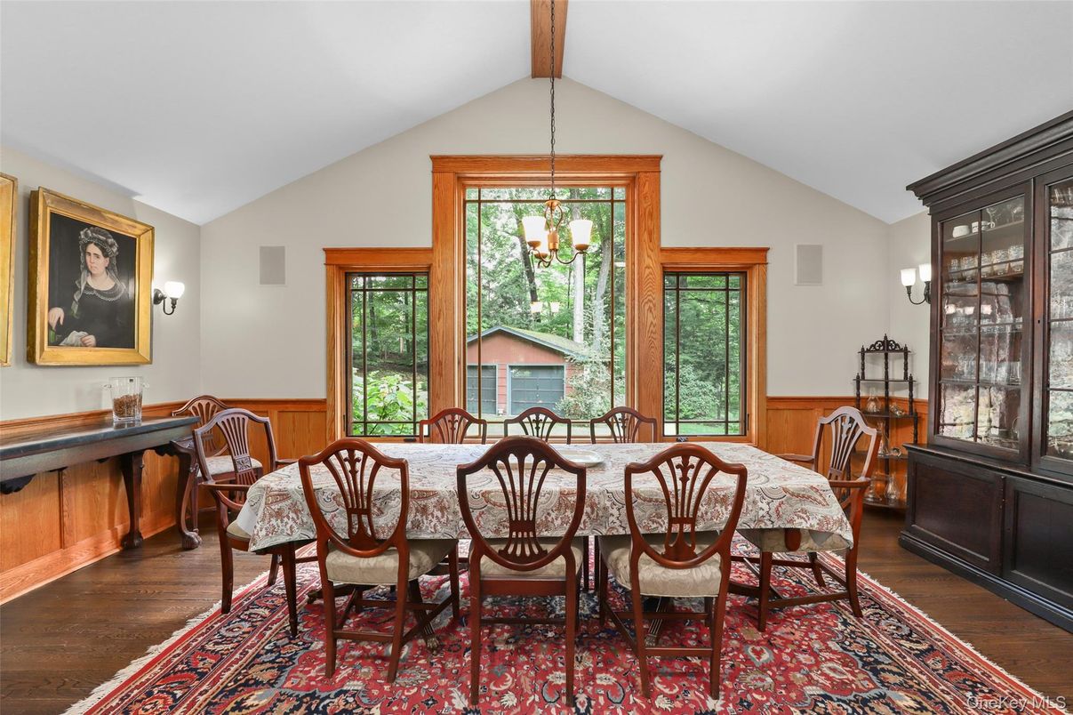 Dining room, Interior, Pendant Lights, Wooden Beams, Wood Texture Flooring