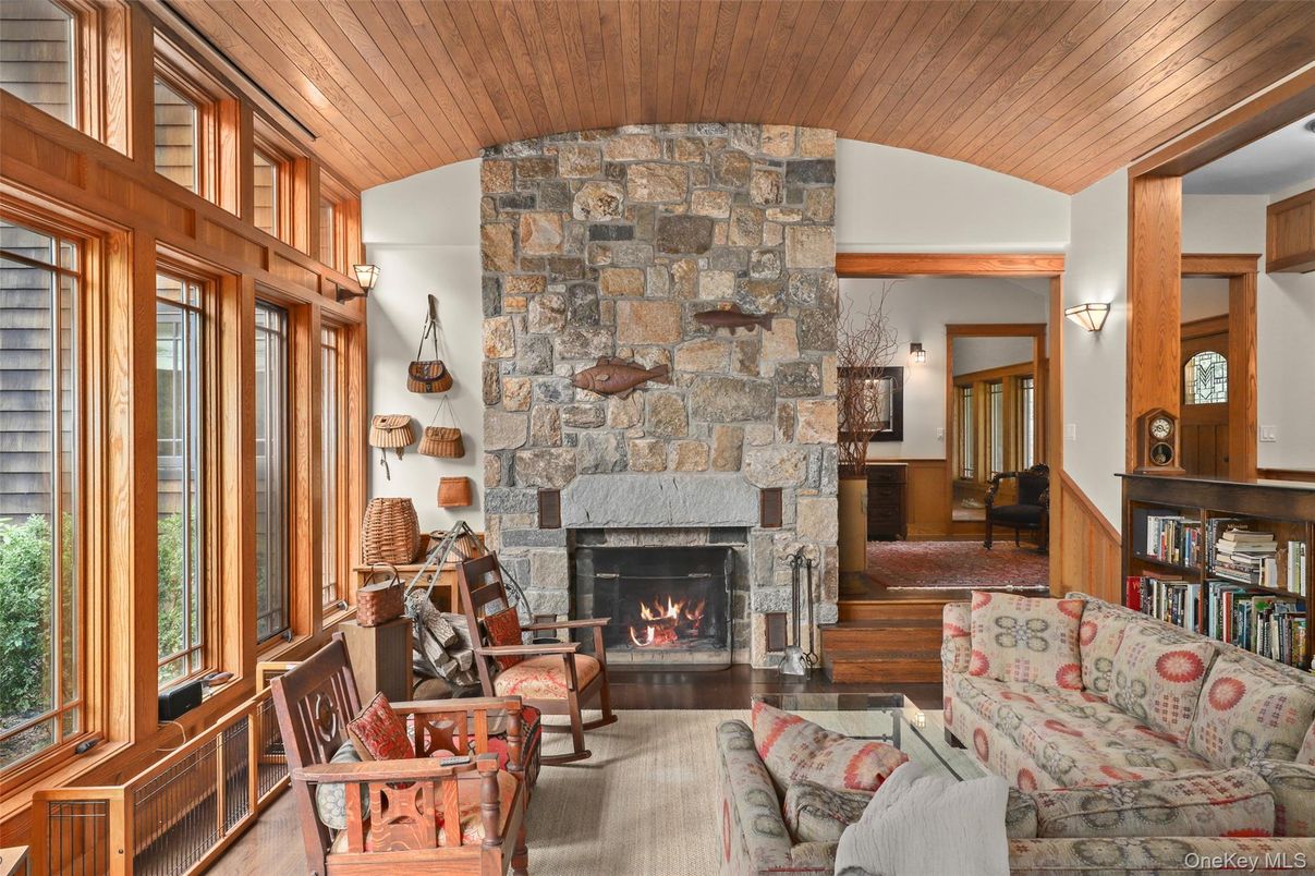 Fireplace, Interior, Living room, Stone Walls, Wooden Ceilings, Wood Texture Flooring