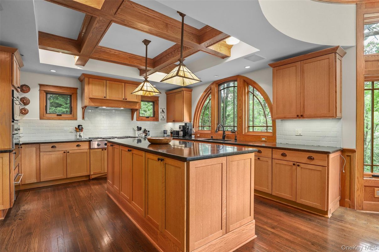 Interior, Kitchen, Pendant Lights, Recessed Lighting, Wooden Beams, Wood Texture Flooring