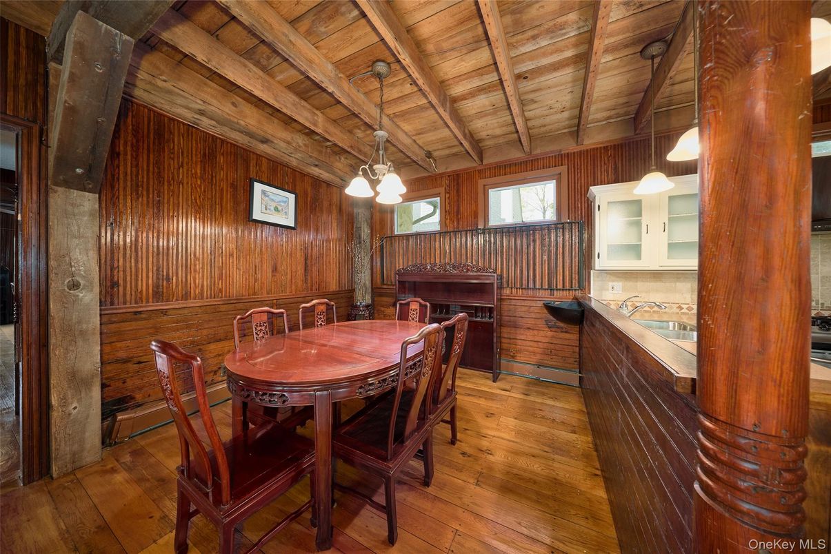 Dining room, Interior, Pendant Lights, Piano, Wooden Beams, Wooden Ceilings, Wood Texture Flooring, Wooden Walls
