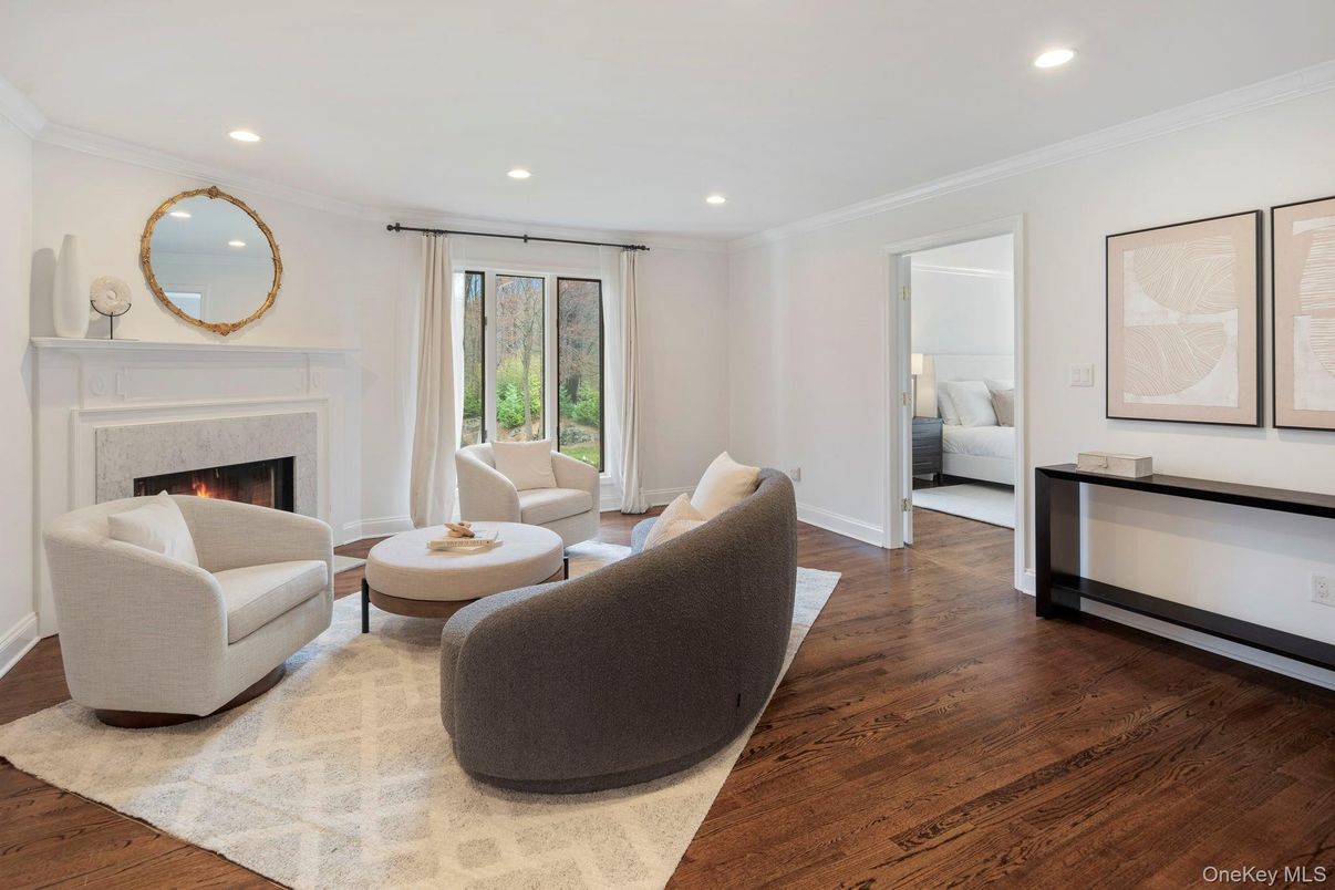Fireplace, Interior, Living room, Recessed Lighting, Wood Texture Flooring