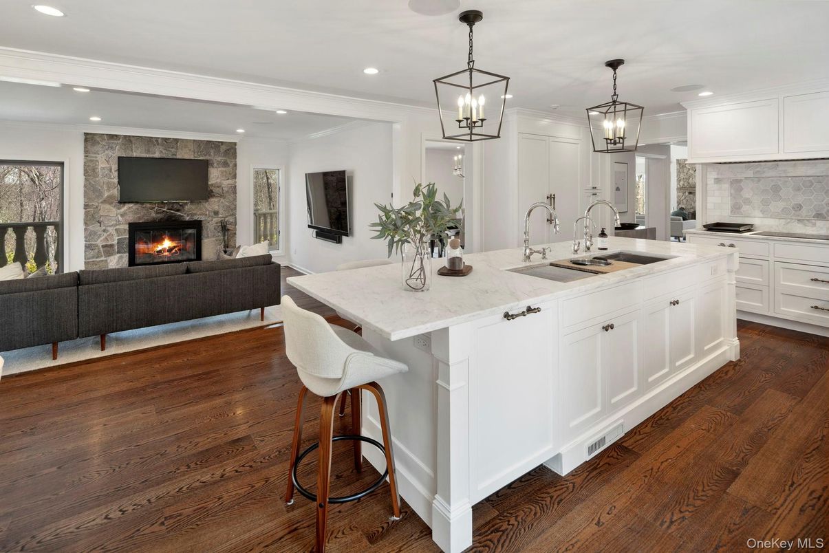Fireplace, Interior, Kitchen, Living room, Pendant Lights, Recessed Lighting, Stone Walls, Wood Texture Flooring
