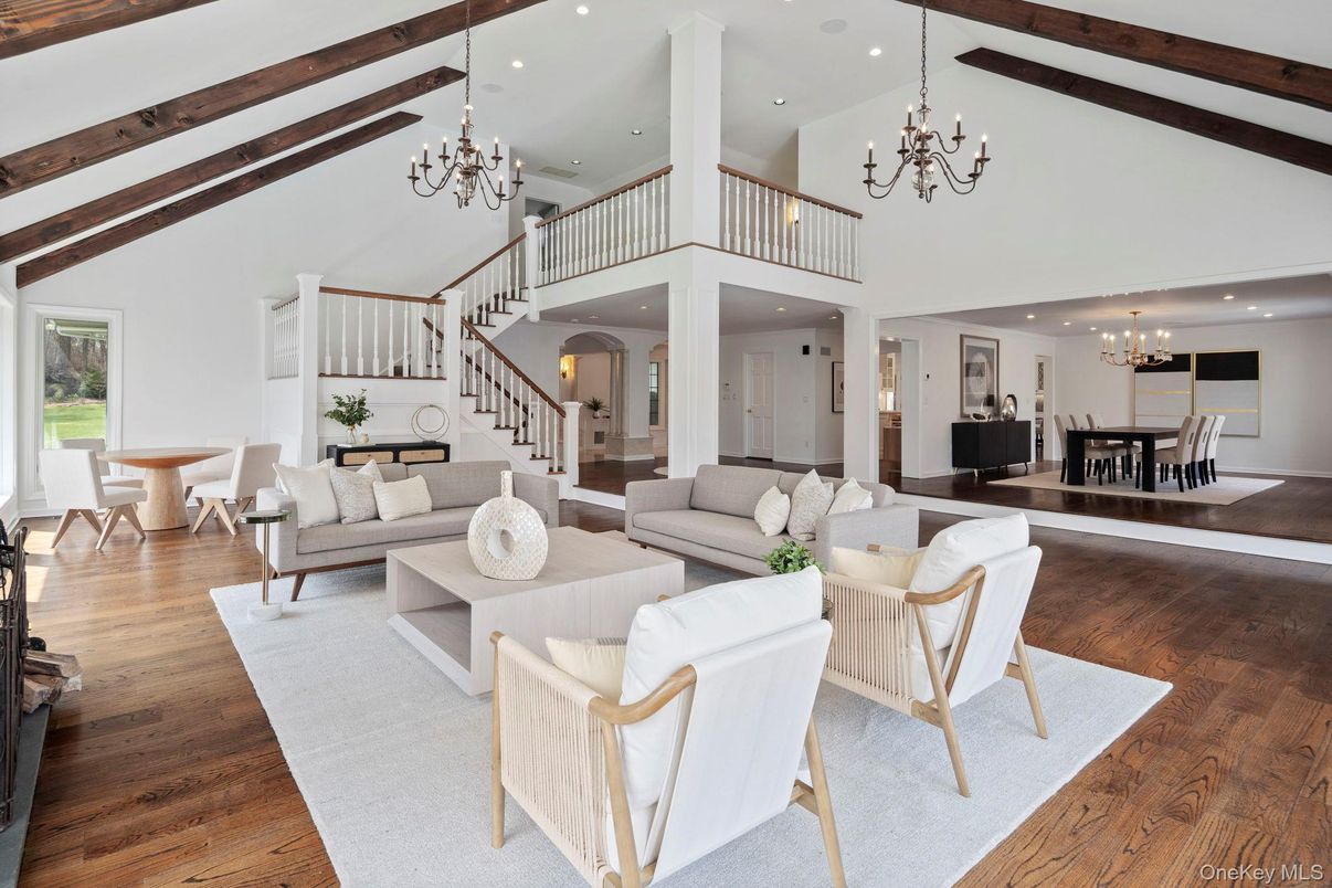 Chandelier, Dining room, Interior, Living room, Recessed Lighting, Wooden Beams, Wood Texture Flooring