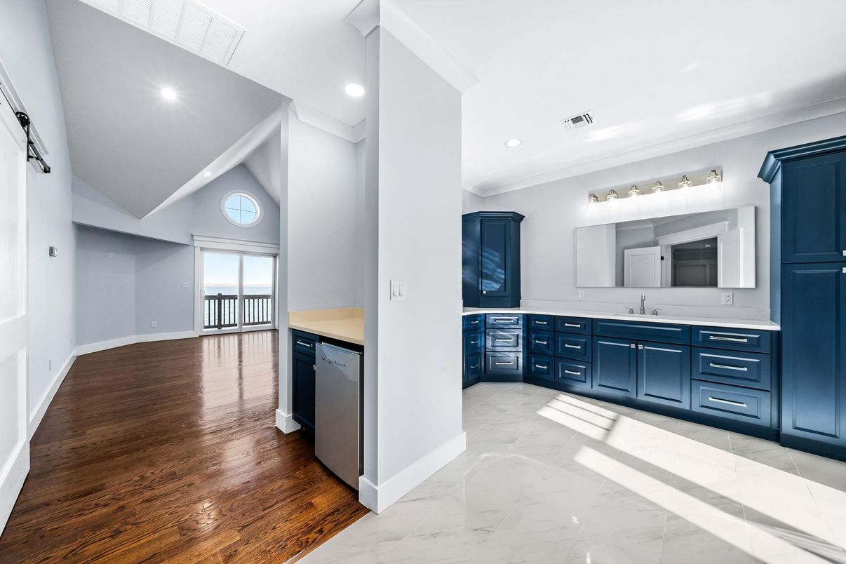 Interior, Kitchen, Marble, Recessed Lighting, Wood Texture Flooring