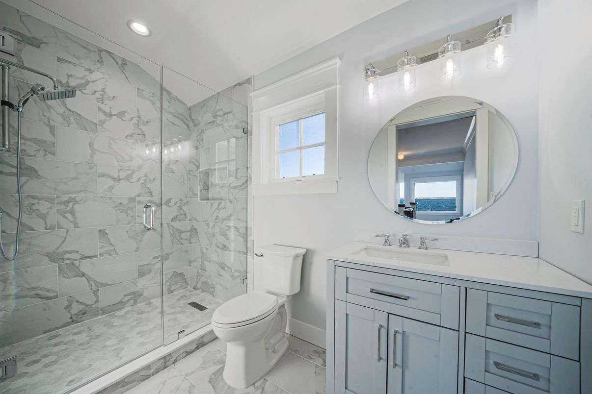 Bathroom, Glass Shower, Interior, Marble, Marble Walls, Recessed Lighting