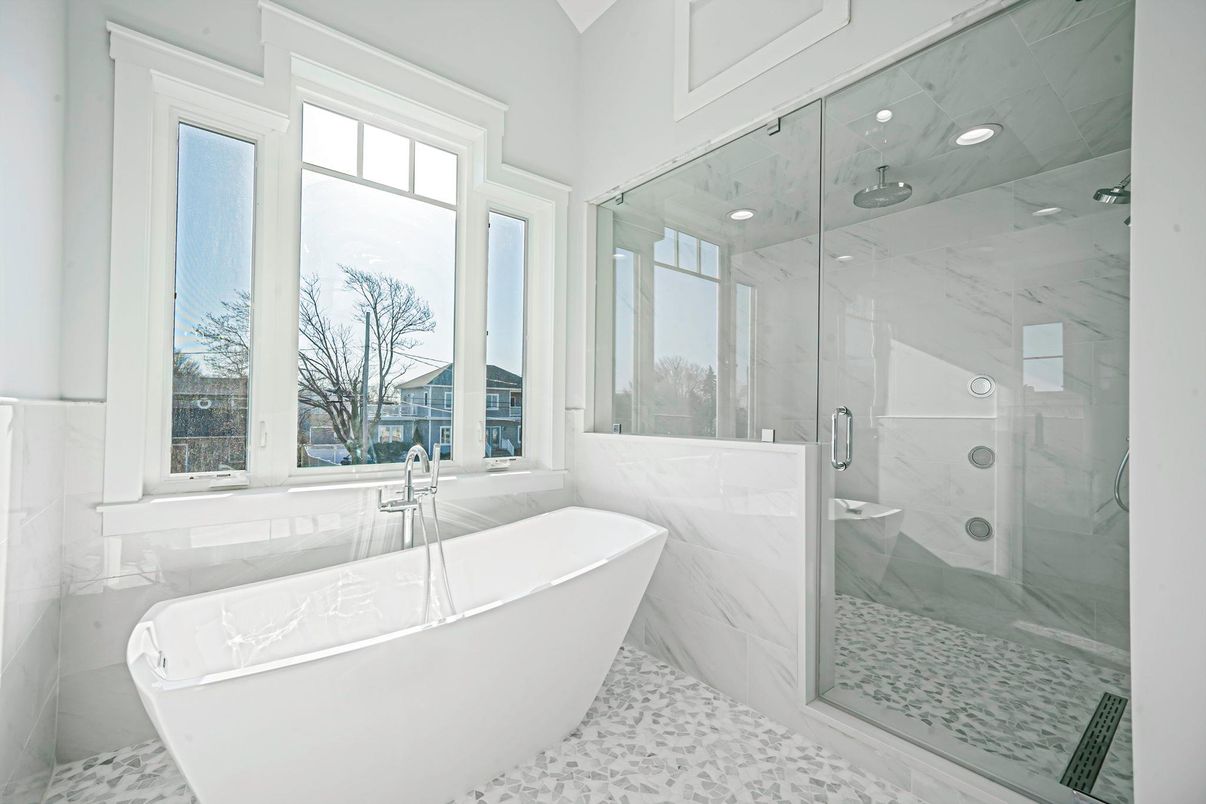 Bathroom, Free Standing Baths, Glass Shower, Interior, Marble Walls, Recessed Lighting