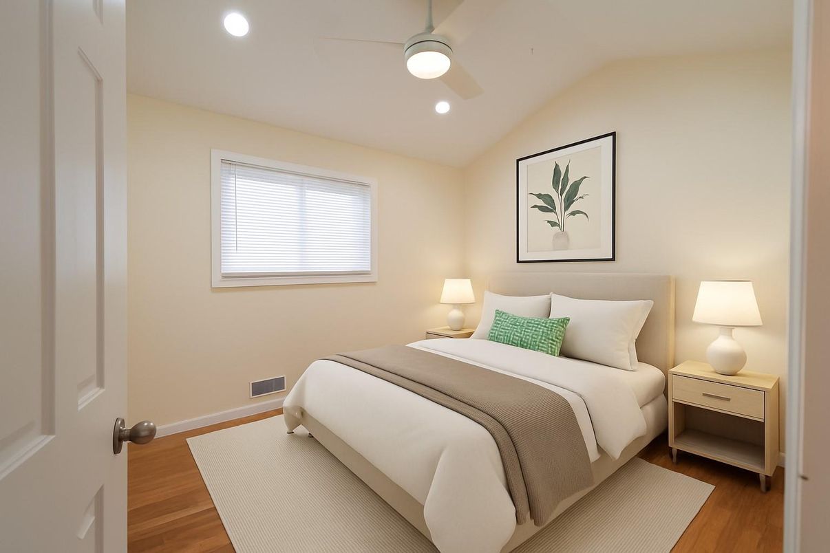 Bedroom, Interior, Recessed Lighting, Wood Texture Flooring