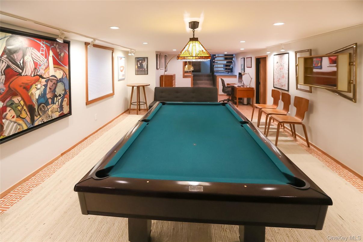 Billiard Table, Game Room, Interior, Recessed Lighting, Wood Texture Flooring
