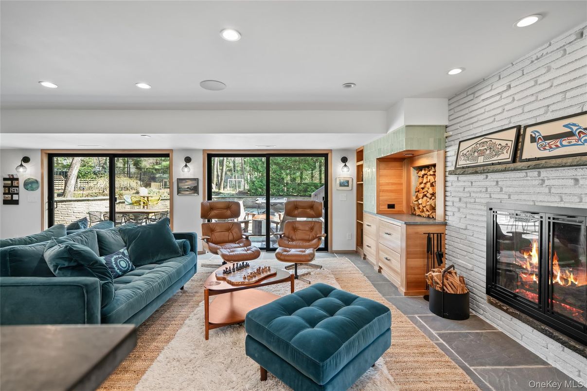 Fireplace, Interior, Living room, Recessed Lighting, Stone Walls