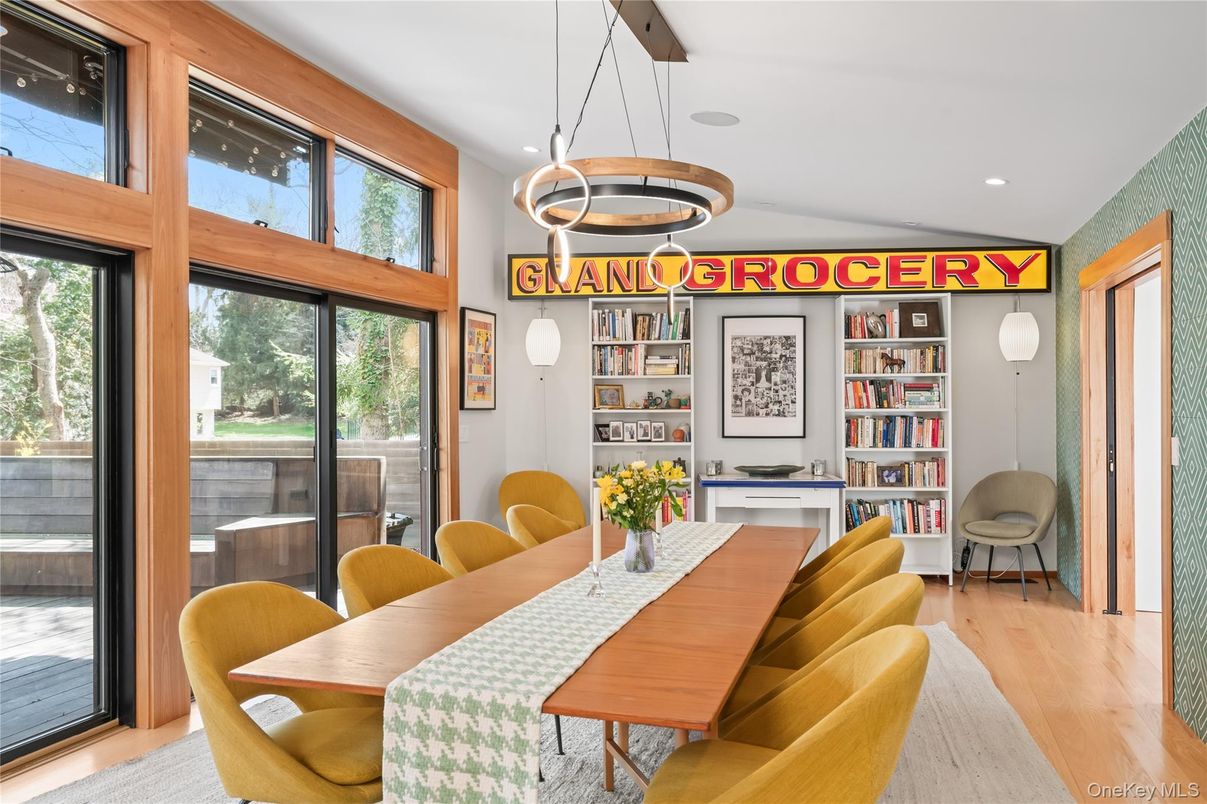 Dining room, Interior, Pendant Lights, Recessed Lighting, Wood Texture Flooring