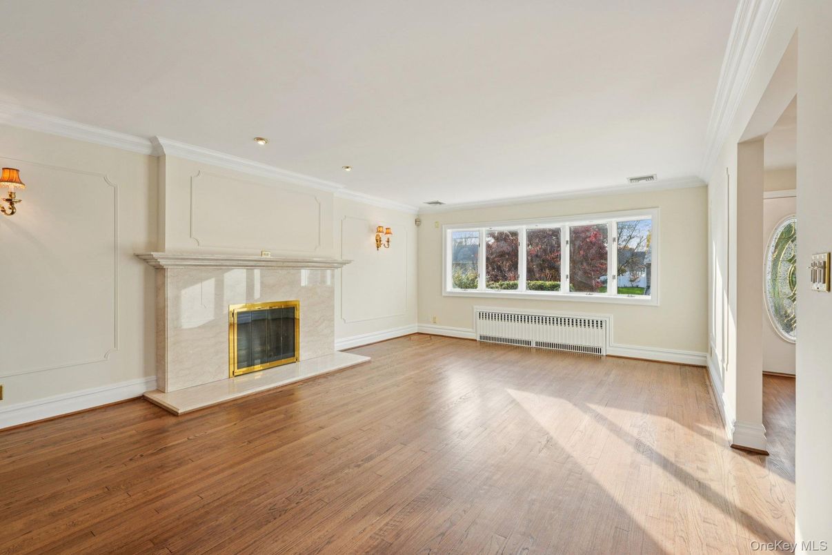 Empty room, Fireplace, Interior, Recessed Lighting, Wood Texture Flooring