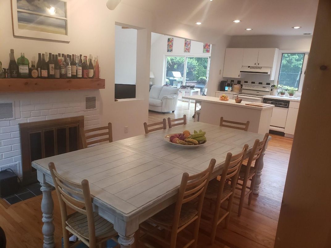Dining room, Fireplace, Interior, Kitchen, Living room, Recessed Lighting, Stainless Steel Appliances, Wood Texture Flooring