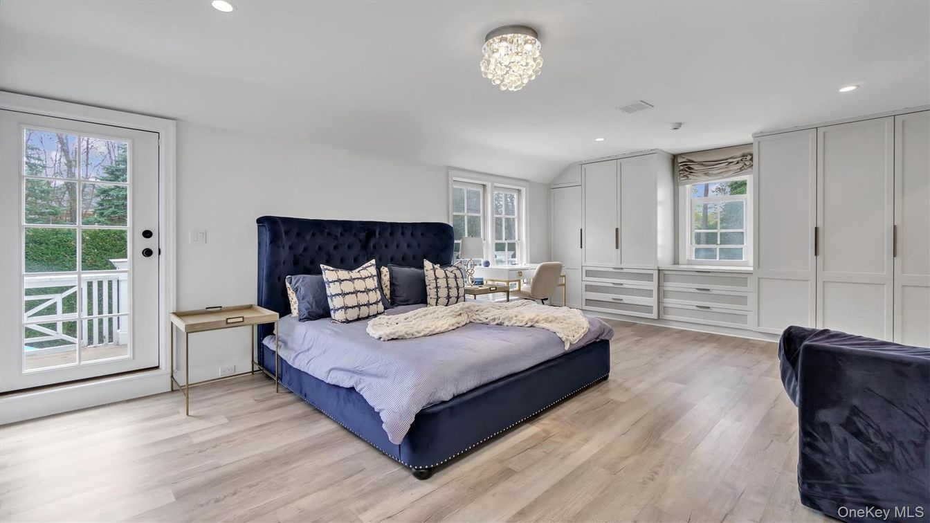 Bedroom, Chandelier, Interior, Recessed Lighting, Wood Texture Flooring