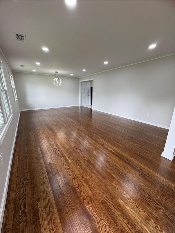 Empty room, Interior, Pendant Lights, Recessed Lighting, Wood Texture Flooring
