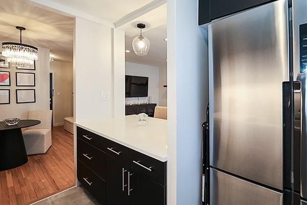 Chandelier, Interior, Kitchen, Pendant Lights, Stainless Steel Appliances, Wood Texture Flooring