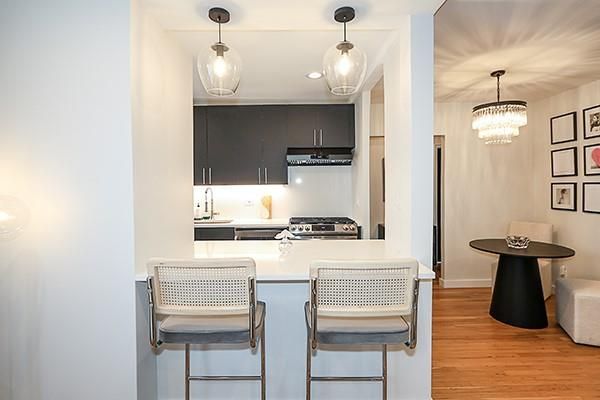 Chandelier, Interior, Kitchen, Pendant Lights, Stainless Steel Appliances, Wood Texture Flooring